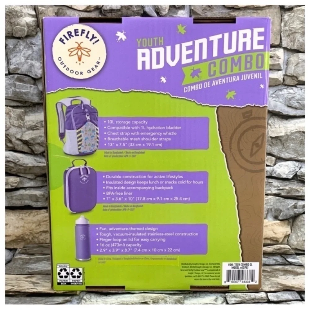 New Firefly Outdoor Gear Youth Adventure Combo Purple Backpack Bottle Lunch Box